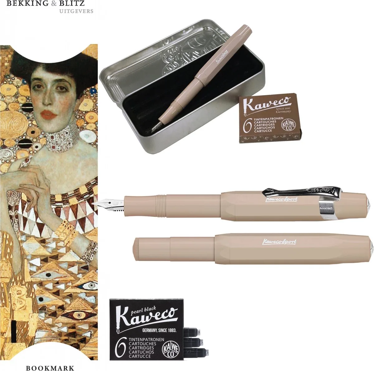 Cadeauset (6 delig) Blikje, Vulpen M, Clip, Boekenlegger Gustav Klimt, 2 doosjes vullingen fra Kaweco i Brun – produktbillede