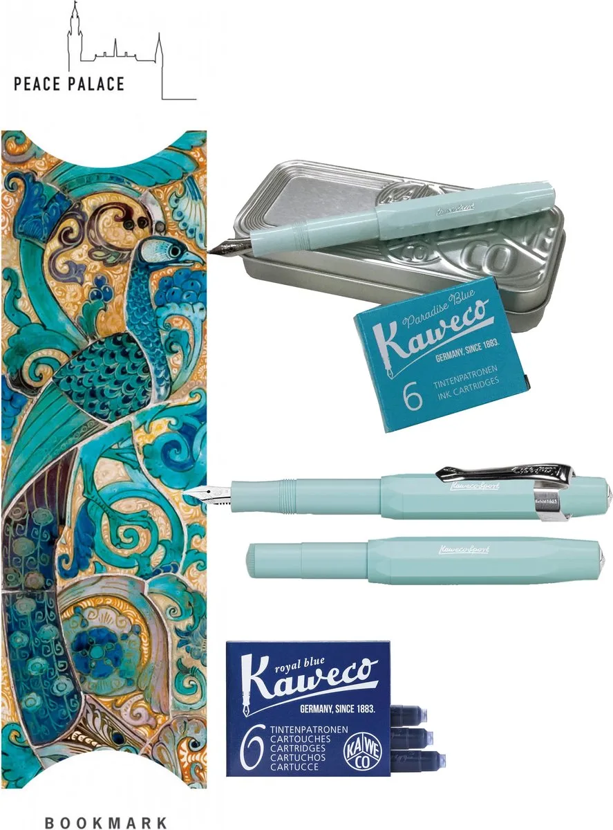 Cadeauset (6 delig) Blikje, Vulpen M, Clip, Boekenlegger Peace Palace turkoise, 2 doosjes vullingen fra Kaweco i Mint – produktbillede