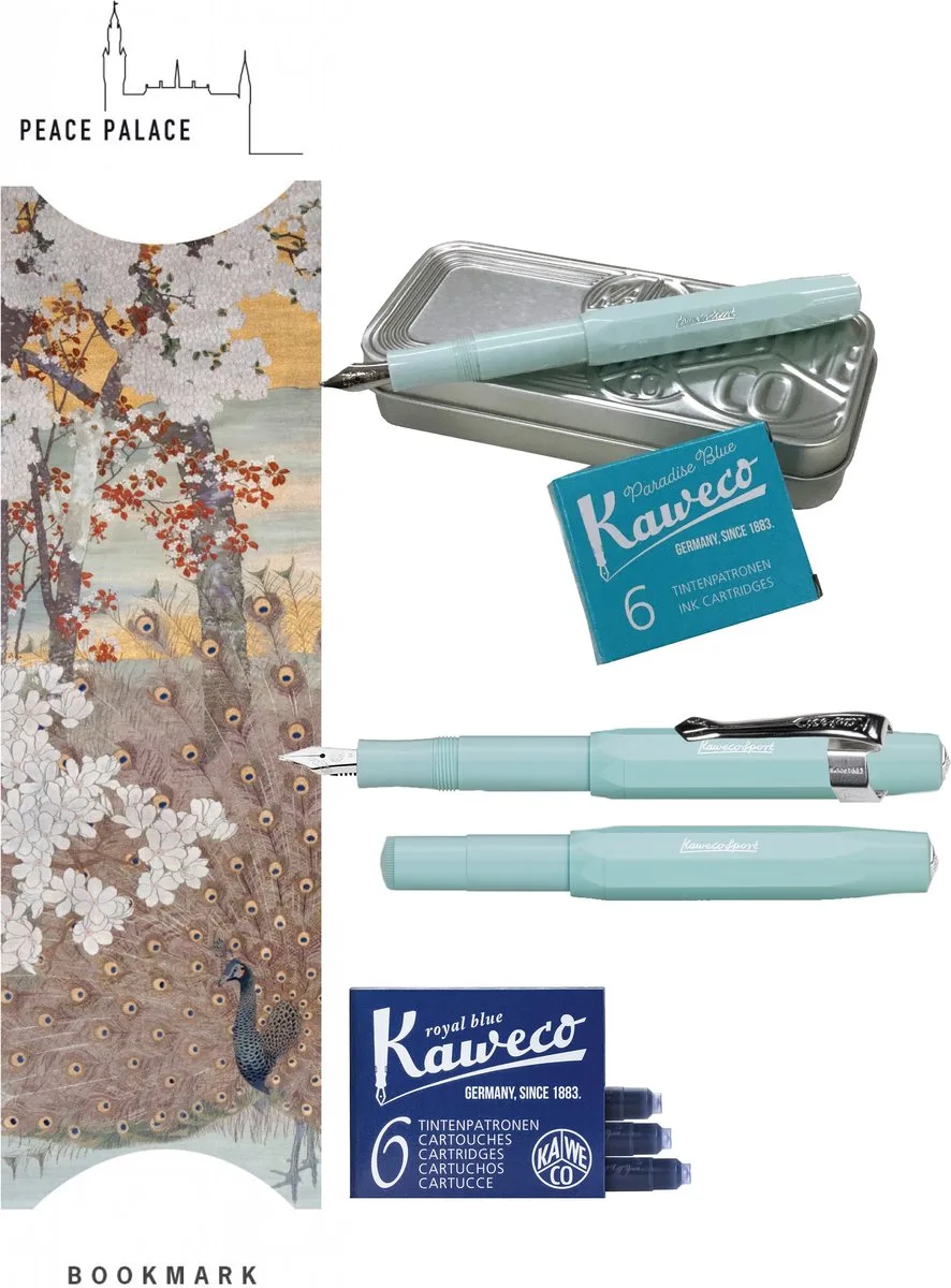 Cadeauset (6 delig) Blikje, Vulpen M, Clip, Boekenlegger Peace Palace bruin, 2 doosjes vullingen fra Kaweco i Mint – produktbillede