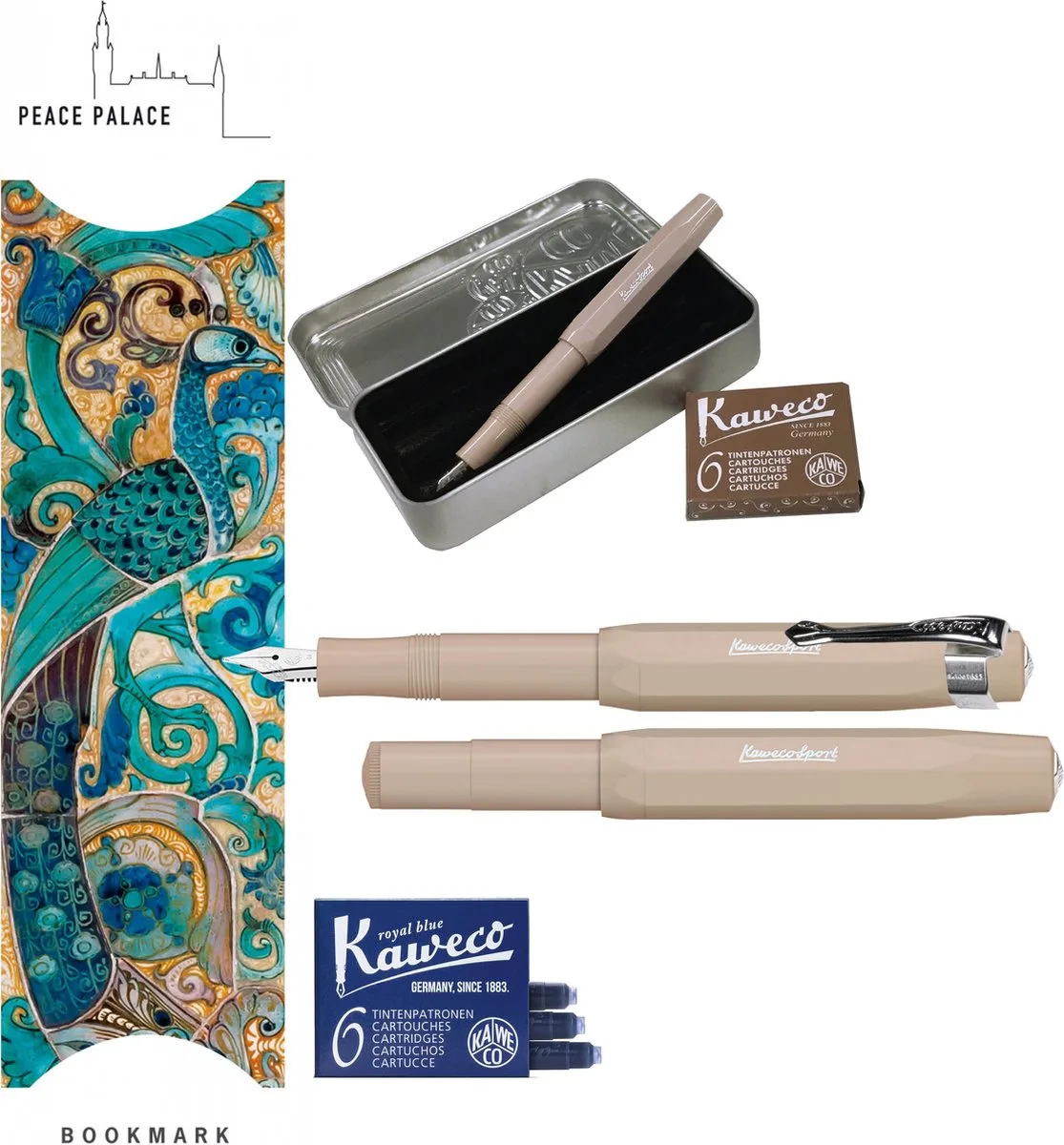 Cadeauset (6 delig) Blikje, Vulpen M, Clip, Boekenlegger Peace Palace turkoise, 2 doosjes vullingen fra Kaweco i Brun – produktbillede