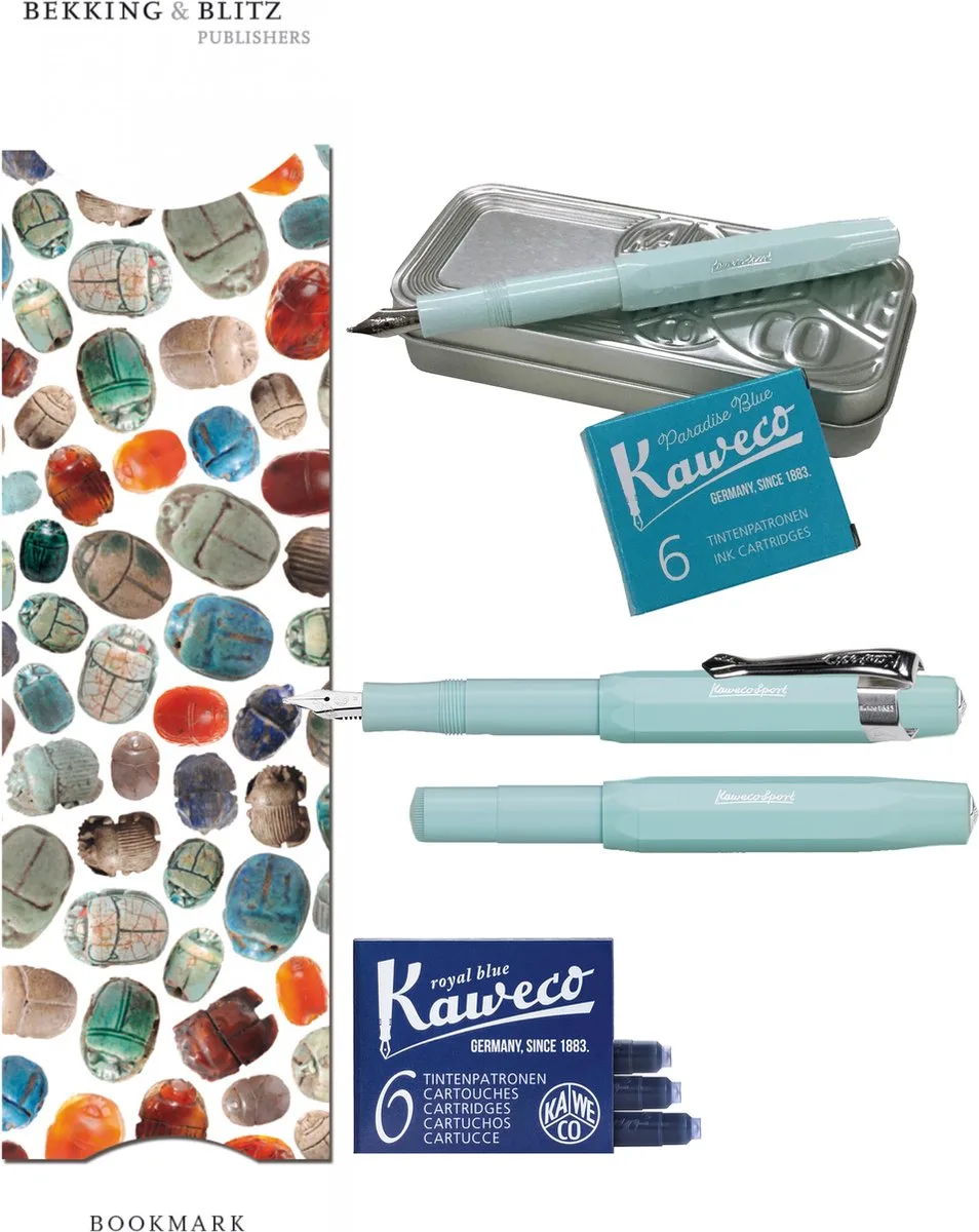 Cadeauset (6 delig) Blikje, Vulpen M, Clip, Boekenlegger scarabee, 2 doosjes vullingen fra Kaweco i Mint – produktbillede