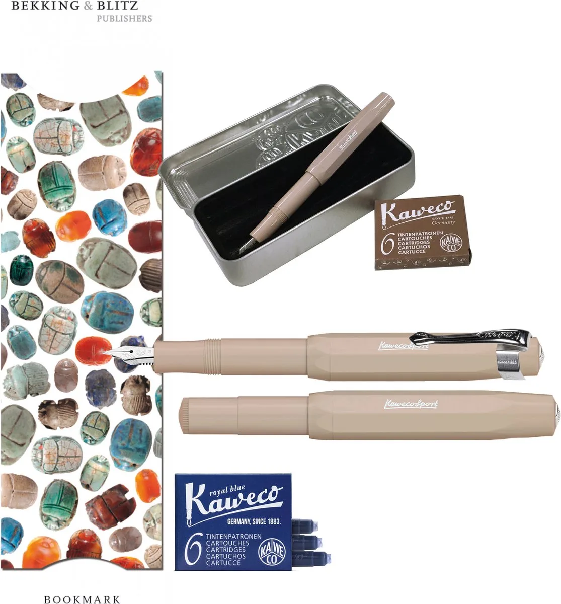 Cadeauset (6 delig) Blikje, Vulpen M, Clip, Boekenlegger scarabee, 2 doosjes vullingen fra Kaweco i Brun – produktbillede