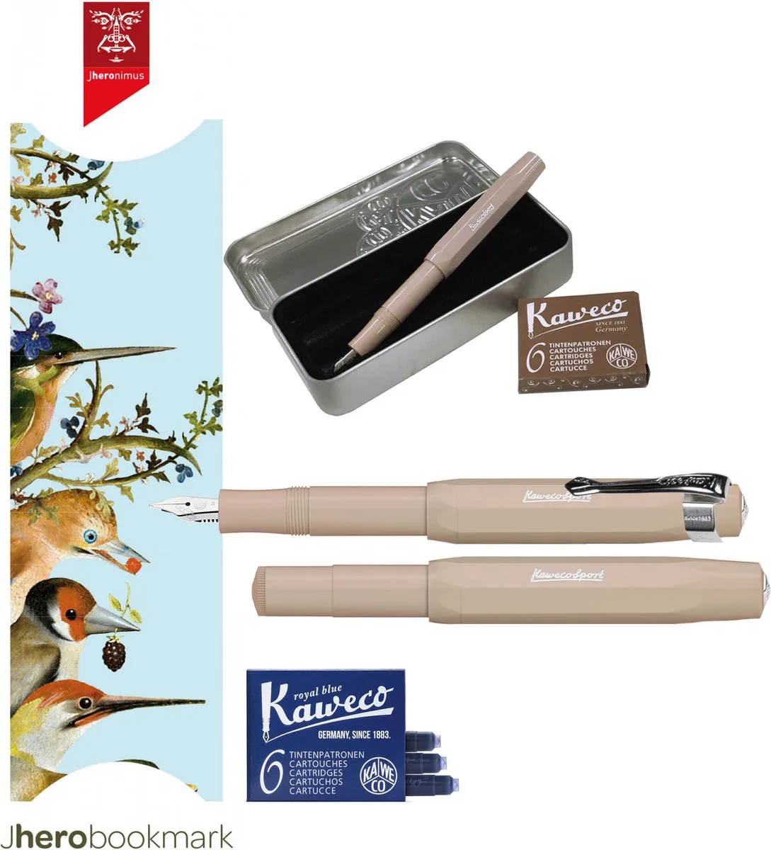 Cadeauset (6 delig) Blikje, Vulpen M, Clip, Boekenlegger The Garden Of Earthly Delight, 2 doosjes vullingen fra Kaweco i Brun – produktbillede