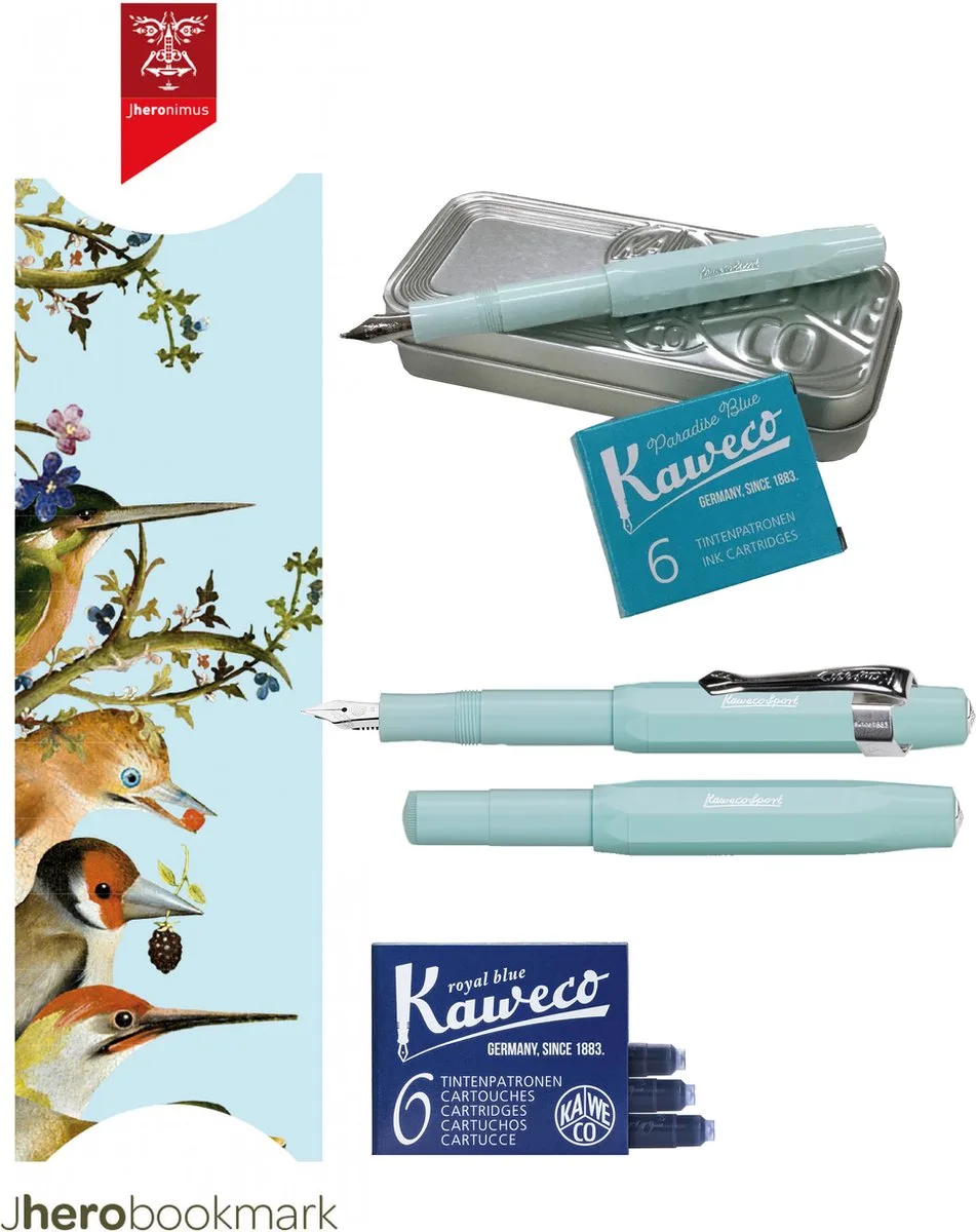 Cadeauset (6 delig) Blikje, Vulpen M, Clip, Boekenlegger The Garden Of Earthly Delights, 2 doosjes vullingen fra Kaweco i Mint – produktbillede