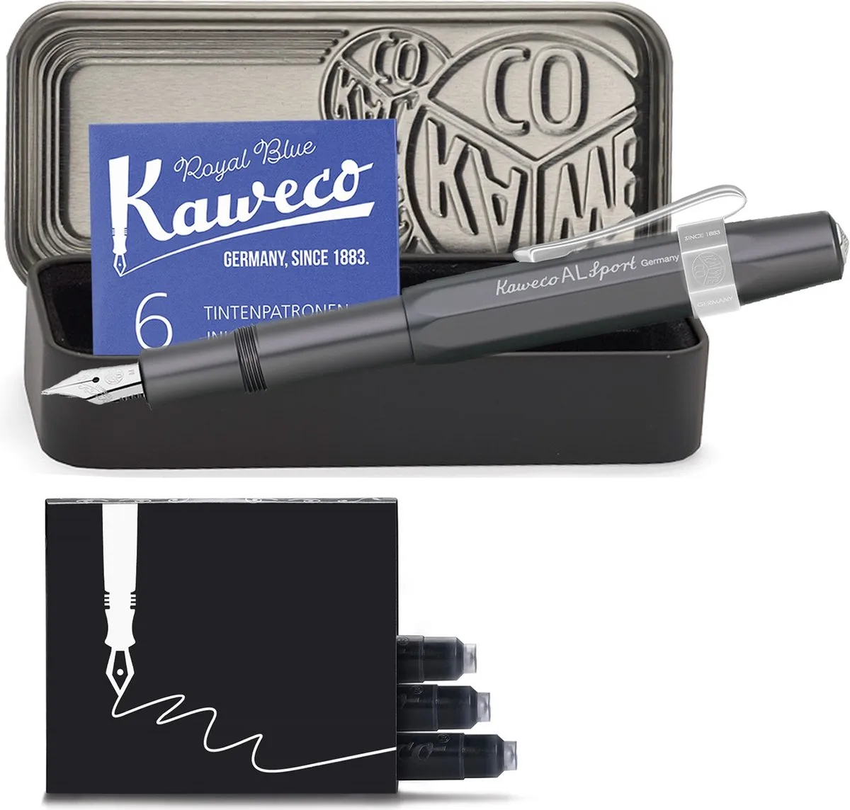 Cadeauset - AL SPORT - Vulpen - Fine - Antraciet - Clip Chrome - 2 doosjes vullingen fra Kaweco i Grå – produktbillede