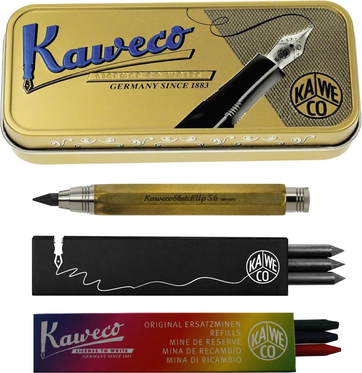 Cadeauset SKETCH vulpotlood Copper met vullingen G K in blikje van Kaweco in Messing – productfoto