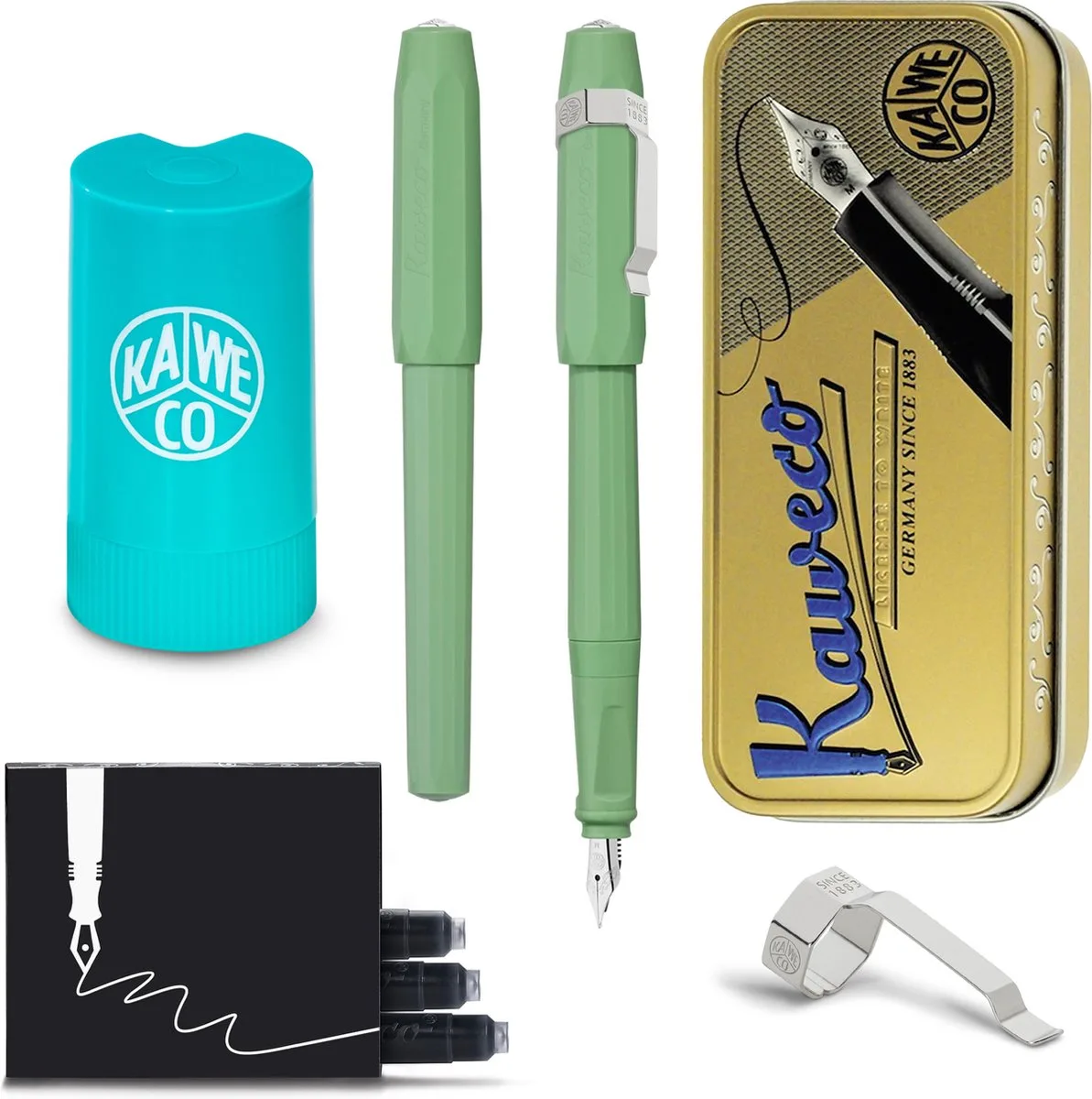 Cadeauset - Vintage blikje - Vulpen met Clip - Jungle Green - Fine - Turkoise Twister - Doosje vullingen de Kaweco en Vert clair – photo produit