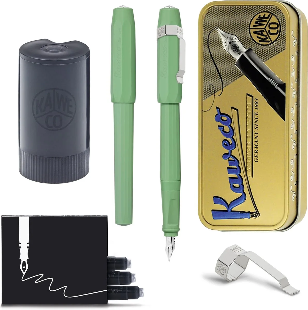 Cadeauset - Vintage blikje - Vulpen met Clip - Jungle Green - Medium - Zwarte Twister - Doosje vullingen de Kaweco en Vert clair – photo produit