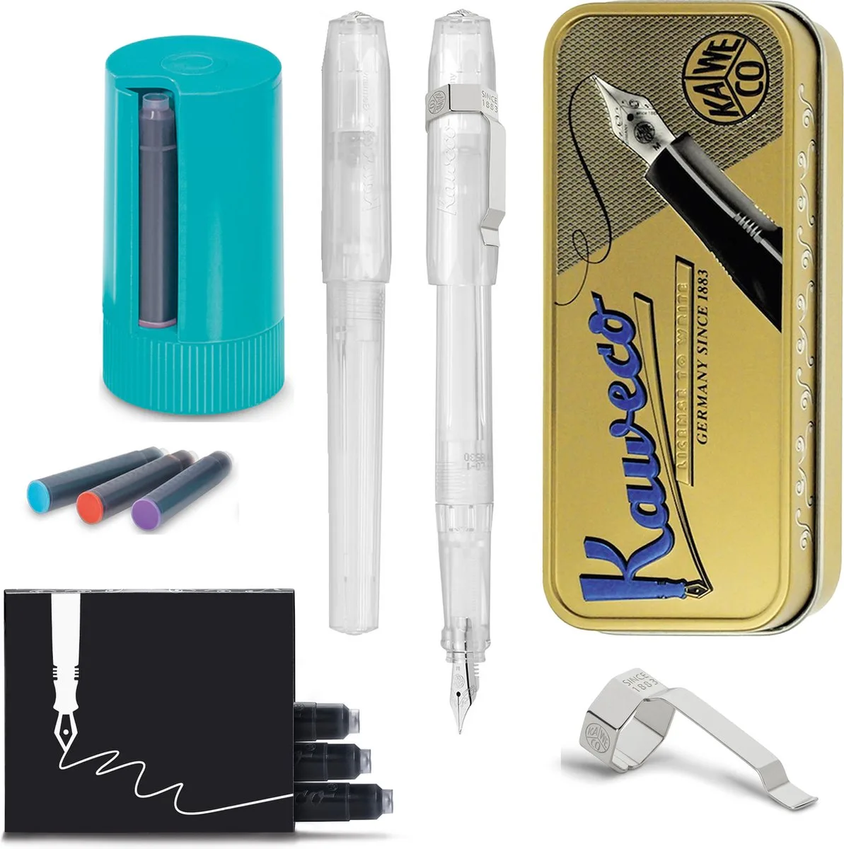 Cadeauset - Vintage blikje - Vulpen met Clip - Perkeo All Clear - Doorzichtig - Fine - Turkoise Twister - Doosje vullingen van Kaweco in Transparant – productfoto