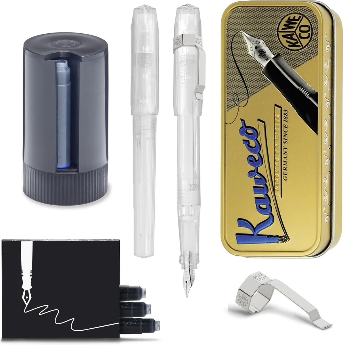 Cadeauset - Vintage blikje - Vulpen met Clip - Perkeo All Clear - Doorzichtig - Medium - Zwarte Twister - Doosje vullingen de Kaweco en Transparent – photo produit