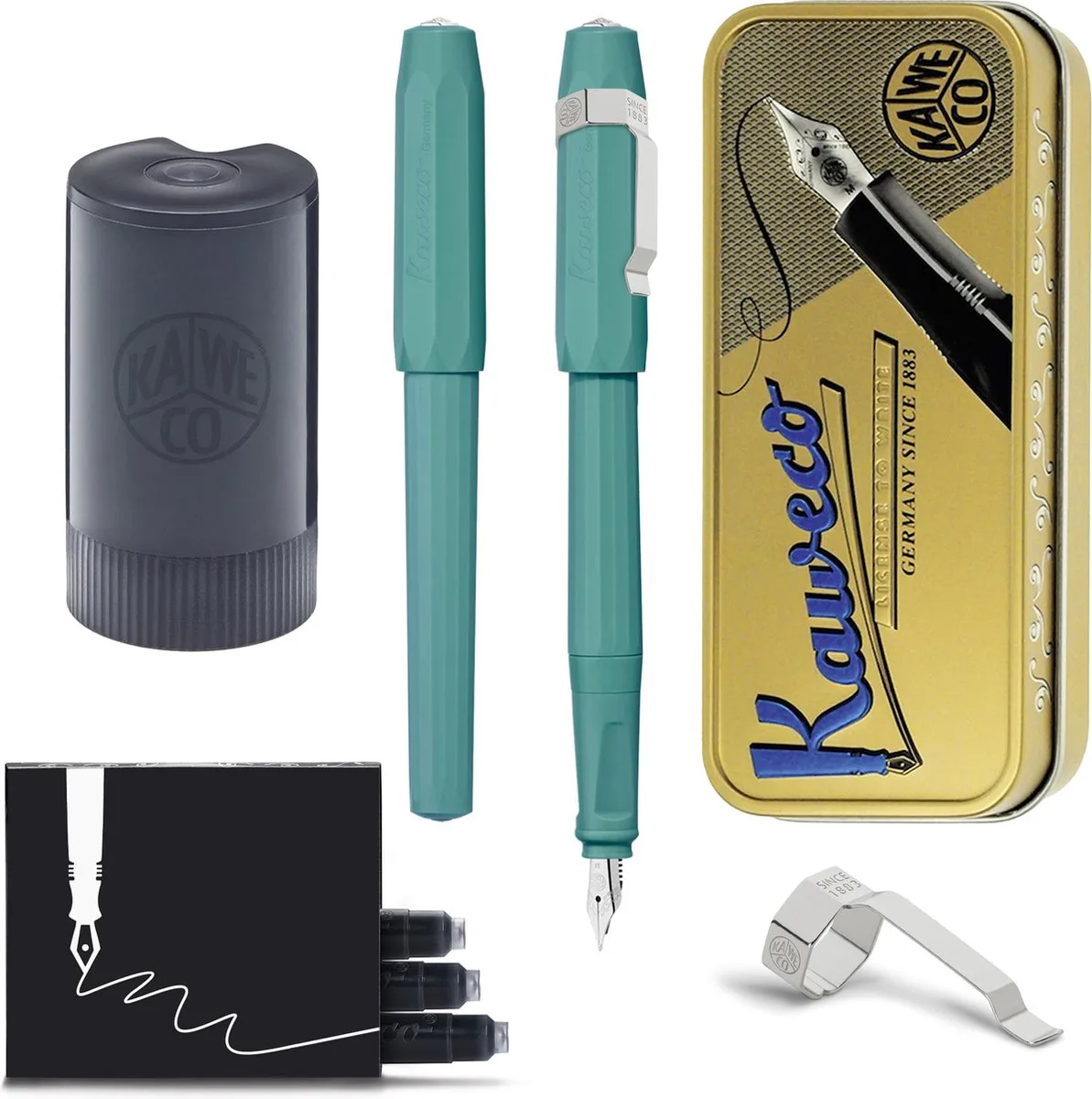Cadeauset - Vintage blikje - Vulpen met Clip - Perkeo Breezy Teal - Fine - Zwarte Twister - Doosje vullingen de Kaweco en Vert – photo produit