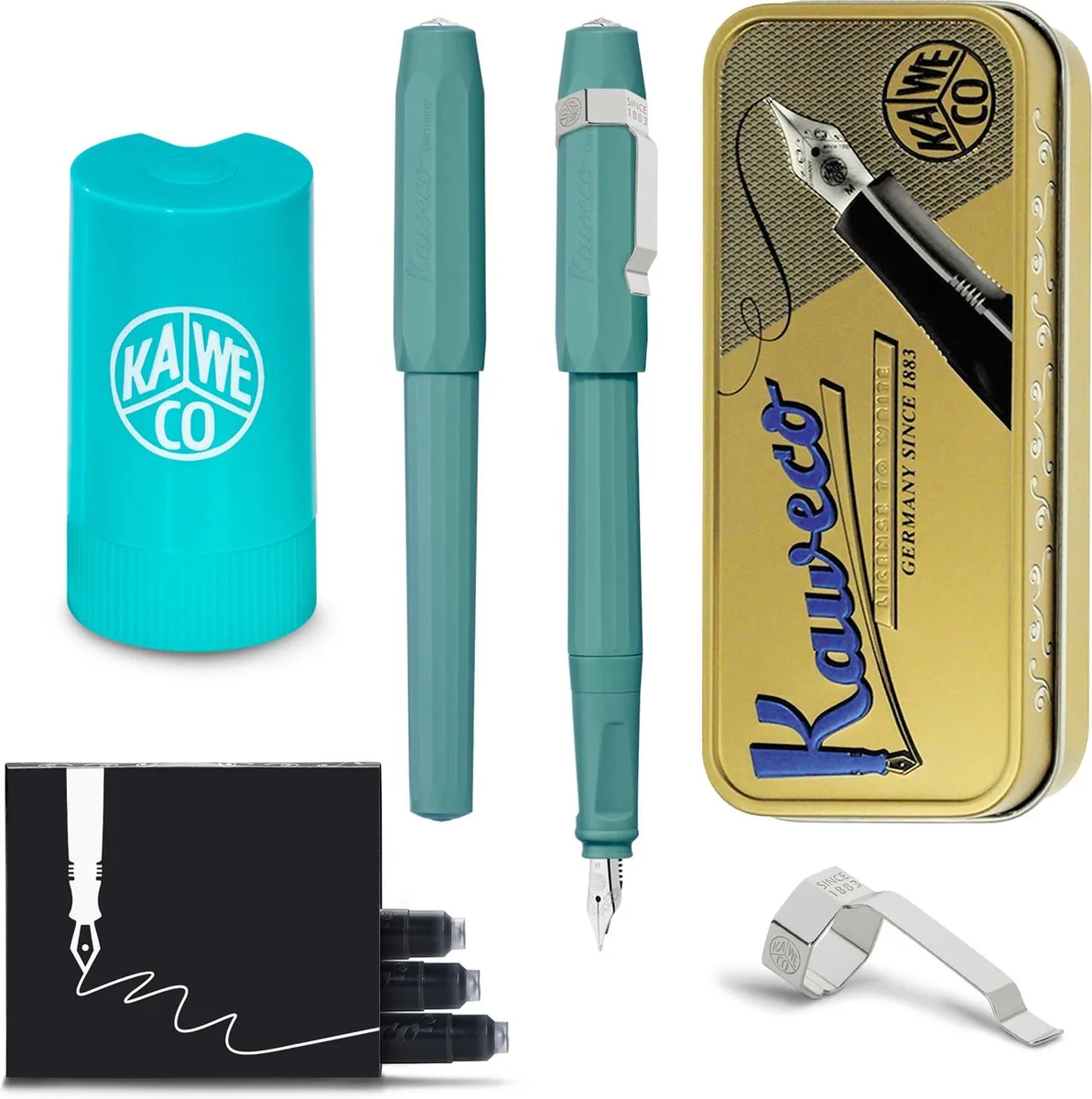 Cadeauset - Vintage blikje - Vulpen met Clip - Perkeo Breezy Teal - Fine - Turkoise Twister - Doosje vullingen by Kaweco in Green – product photo