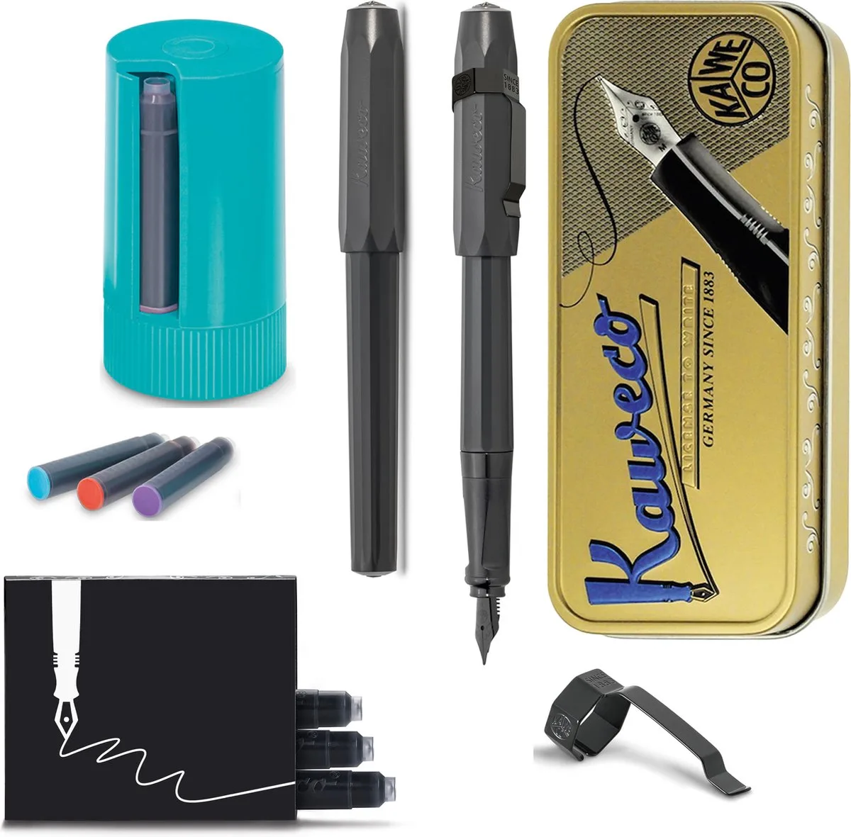 Cadeauset - Vintage blikje - Vulpen met Clip - Perkeo - Fine - Turkoise Twister - Doosje vullingen van Kaweco in Zwart – productfoto