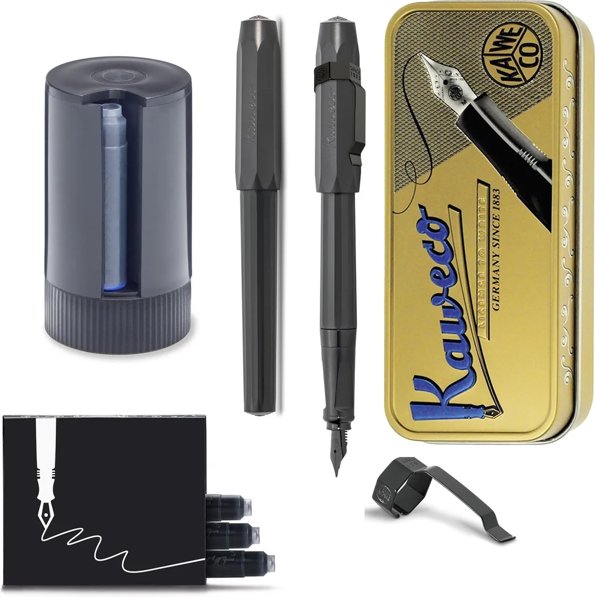 Cadeauset - Vintage blikje - Vulpen met Clip - Perkeo - Fine - Zwarte Twister - Doosje vullingen van Kaweco in Zwart – productfoto