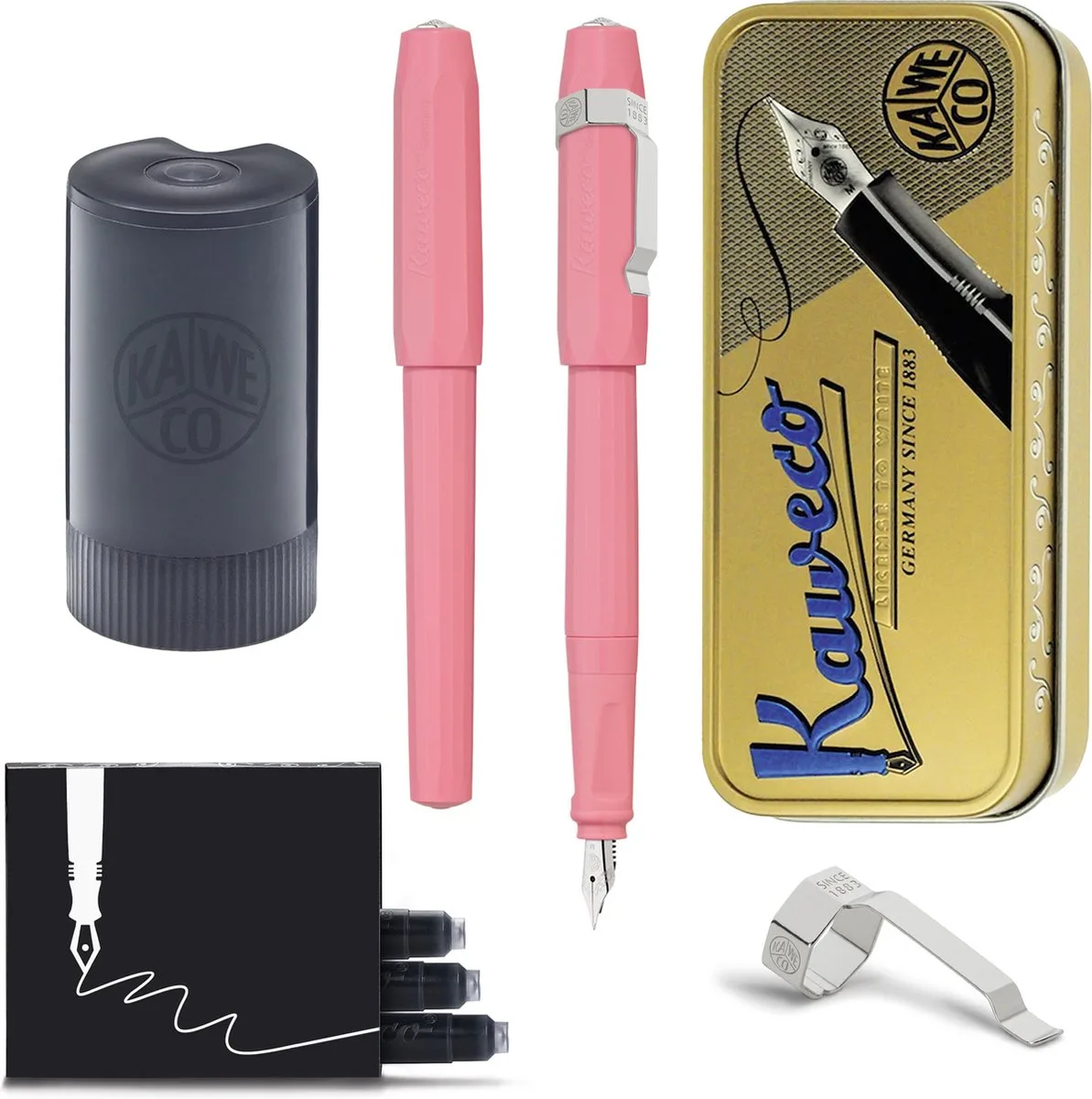 Cadeauset - Vintage blikje - Vulpen met Clip - Perkeo Peony Blossom - Medium - Zwarte Twister - Doosje vullingen van Kaweco in Roze – productfoto