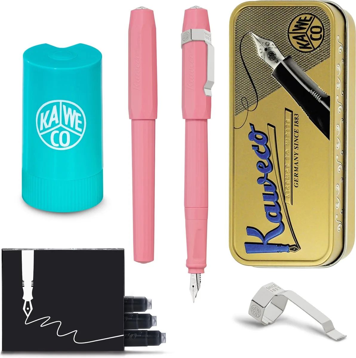 Cadeauset - Vintage blikje - Vulpen met Clip - Perkeo Peony Blossom - Medium - Turkoise Twister - Doosje vullingen van Kaweco in Roze – productfoto