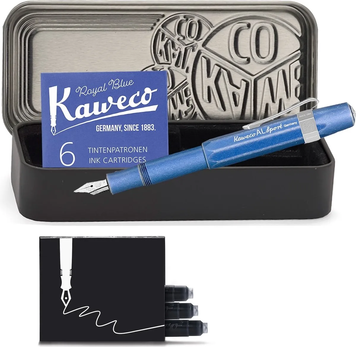 Cadeauset - Vulpen - Alu Sport - Stone Washed Blue - Breed - Clip Chrome - doosjes vullingen de Kaweco en Blauw b – photo produit