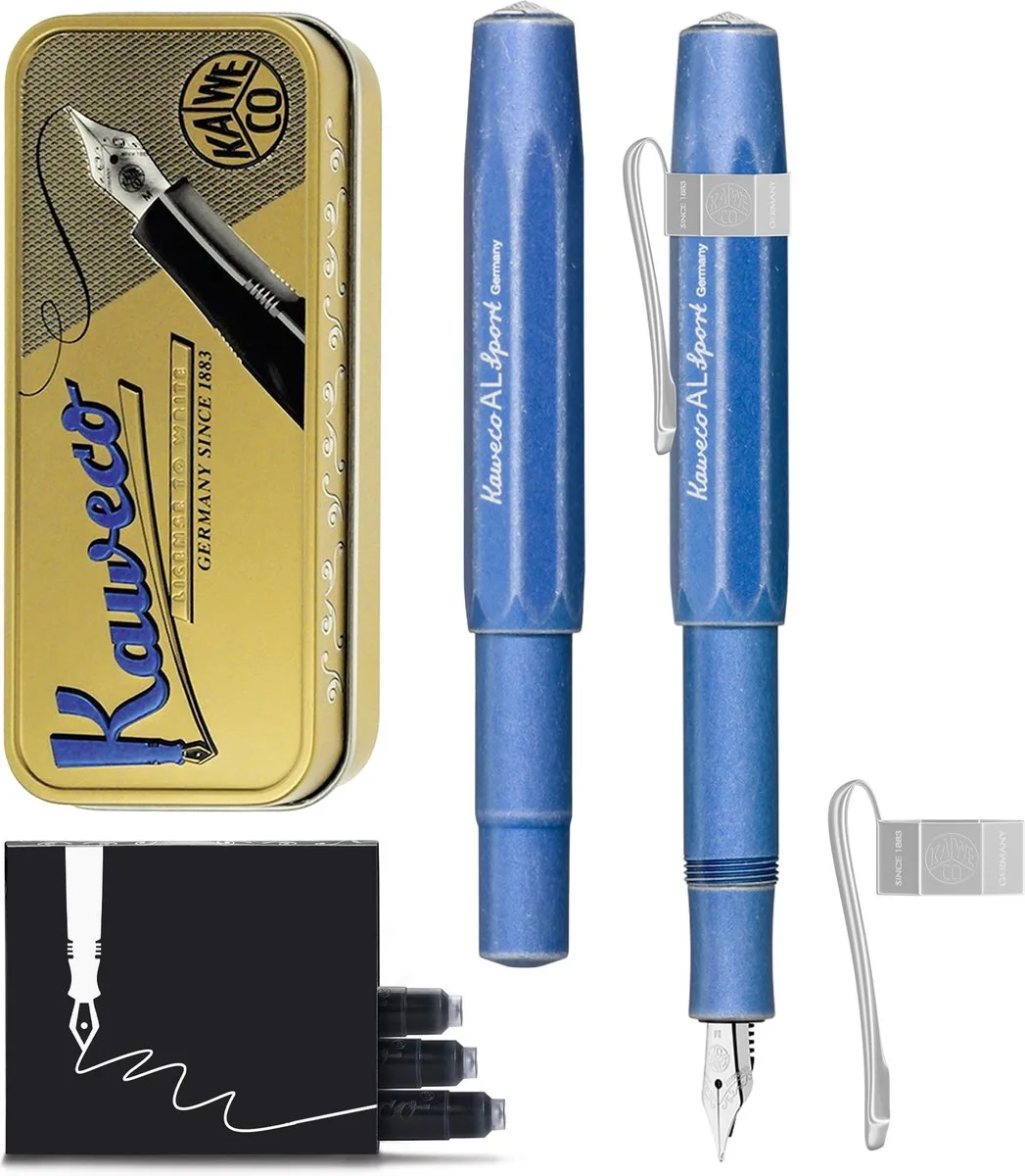 Cadeauset - Vulpen - Alu Sport - Stone Washed Blue - Fine - Clip Chrome - doosje vullingen van Kaweco in Blauw f – productfoto