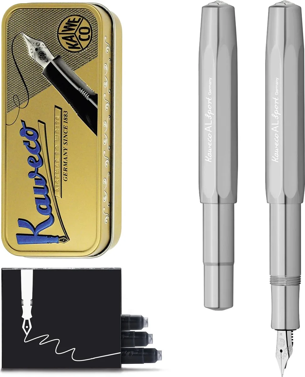 Cadeauset - Vulpen - ALUMINIUM SPORT - SILVER MAT - Extra Fine - Vintage blikje - Extra Doosje Vullingen van Kaweco in Blauw – productfoto
