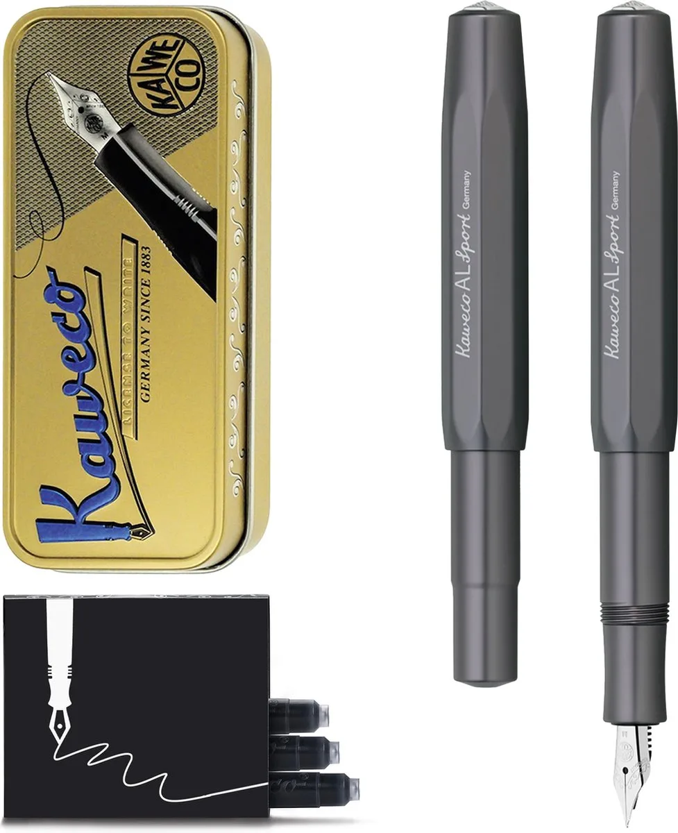 Cadeauset - Vulpen - ALUMINIUM SPORT - SILVER MAT GREY - Extra Fine - Vintage blikje - Extra Doosje Vullingen van Kaweco in Zilver grey – productfoto