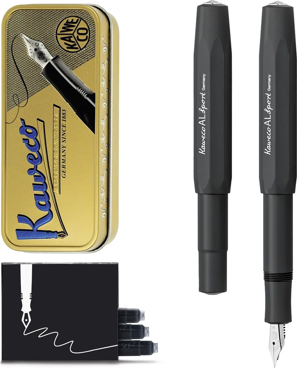 Cadeauset - Vulpen - ALUMINIUM SPORT - Sport Aluminium Black - Extra Fine - Vintage blikje - Extra Doosje Vullingen van Kaweco in Zwart – productfoto