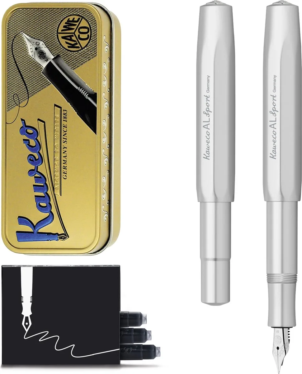Cadeauset - Vulpen - ALUMINIUM SPORT -Sport Aluminium Raw Polish - Extra Fine - Vintage blikje - Extra Doosje Vullingen van Kaweco in Chroom – productfoto