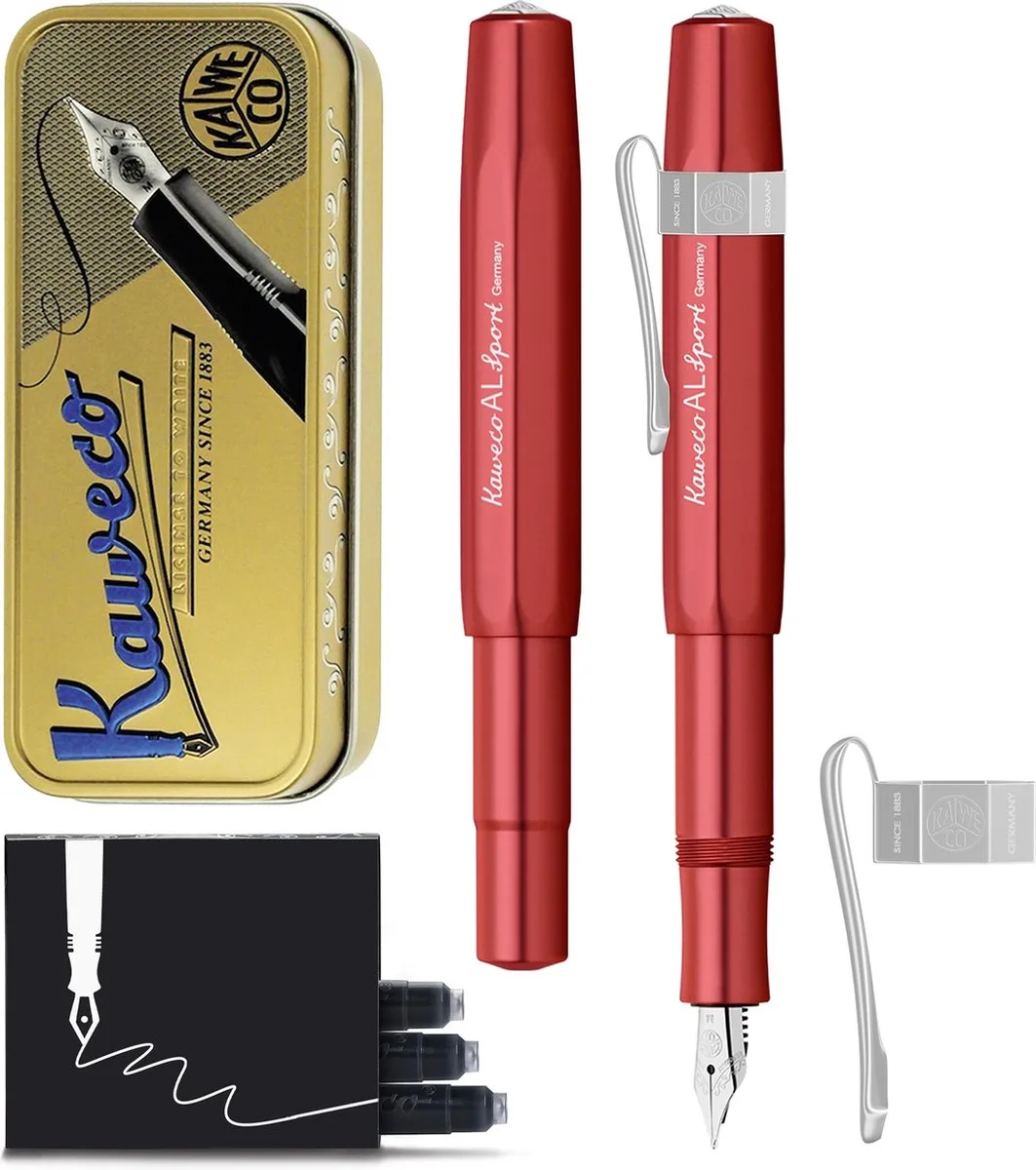 Cadeauset - Vulpen - Nostalgic Octagonal Clip CHROME - ALUMINIUM SPORT - Sport Aluminium Deep Red - EXTRA BREED - Vintage blikje - Extra Doosje Vullingen van Kaweco in Red eb – productfoto