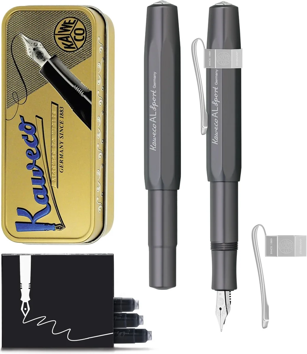 Cadeauset - Vulpen - Nostalgic Octagonal Clip CHROME - ALUMINIUM SPORT - Sport Aluminium Grey (MAT) - Breed - Vintage blikje - Extra Doosje Vullingen van Kaweco in Grijs b – productfoto