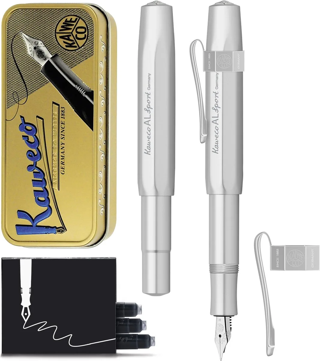 Cadeauset - Vulpen - Nostalgic Octagonal Clip CHROME - ALUMINIUM SPORT - Sport Aluminium Silver (MAT) - Breed - Vintage blikje - Extra Doosje Vullingen van Kaweco in Zilver b – productfoto
