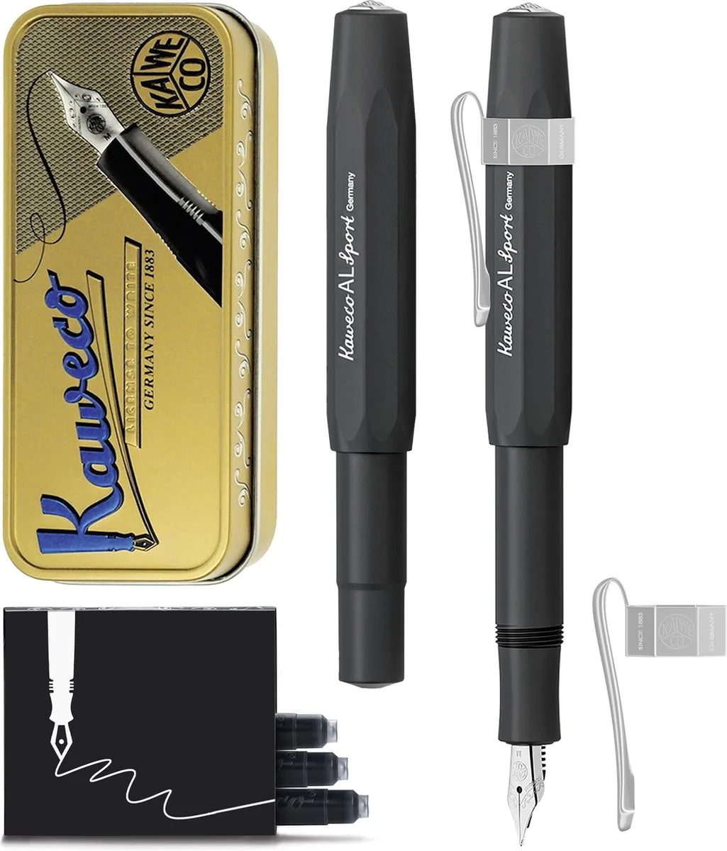 Cadeauset - Vulpen - Nostalgic Octagonal Clip CHROME - ALUMINIUM SPORT - Sport Aluminium Black - EXTRA BREED - Vintage blikje - Extra Doosje Vullingen van Kaweco in Zwart eb – productfoto