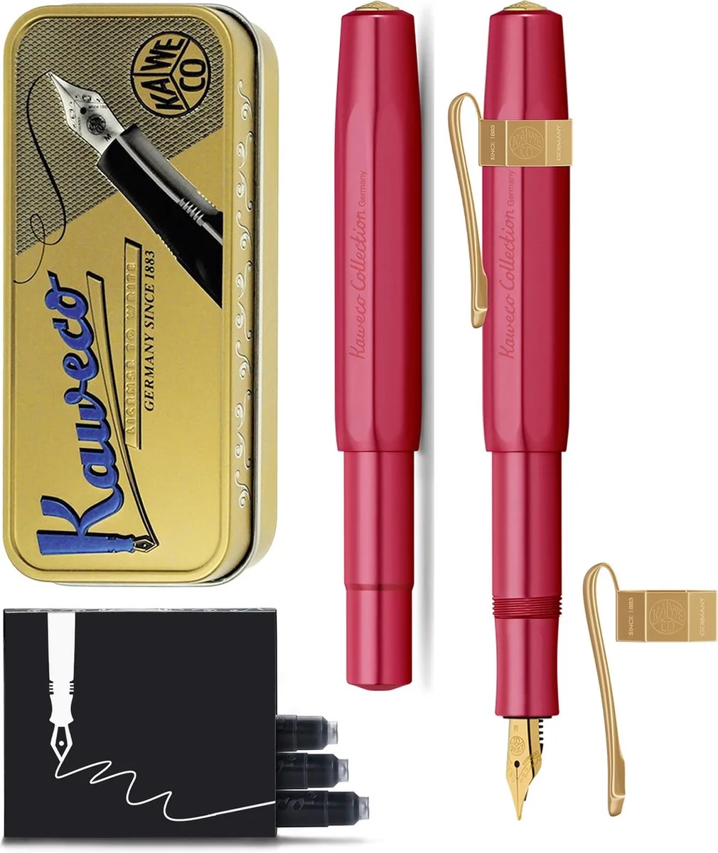 Cadeauset - Vulpen - Nostalgic Octagonal Clip Vergoldet - ALUMINIUM SPORT - Sport Aluminium Ruby Red - Fine - Vintage blikje - Extra Doosje Vullingen van Kaweco in Ruby red f – productfoto