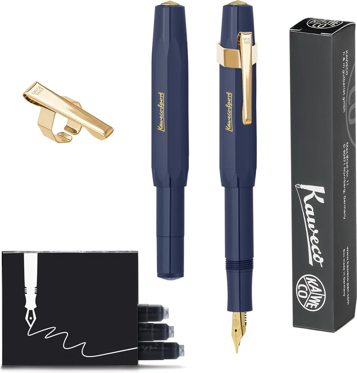 CLASSIC SPORT Fountain Pen - Extra Breed - Oktogonal Clip Vergoldet - Doosje Vullingen fra Kaweco i Mørkeblå – produktbillede