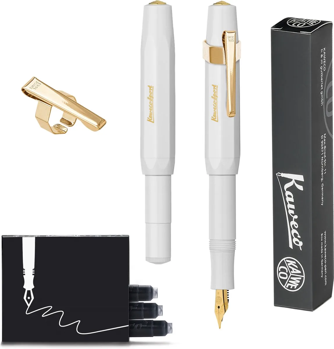 CLASSIC SPORT Fountain Pen - Fine - Oktogonal Clip Vergoldet - Doosje Vullingen fra Kaweco i Hvid – produktbillede