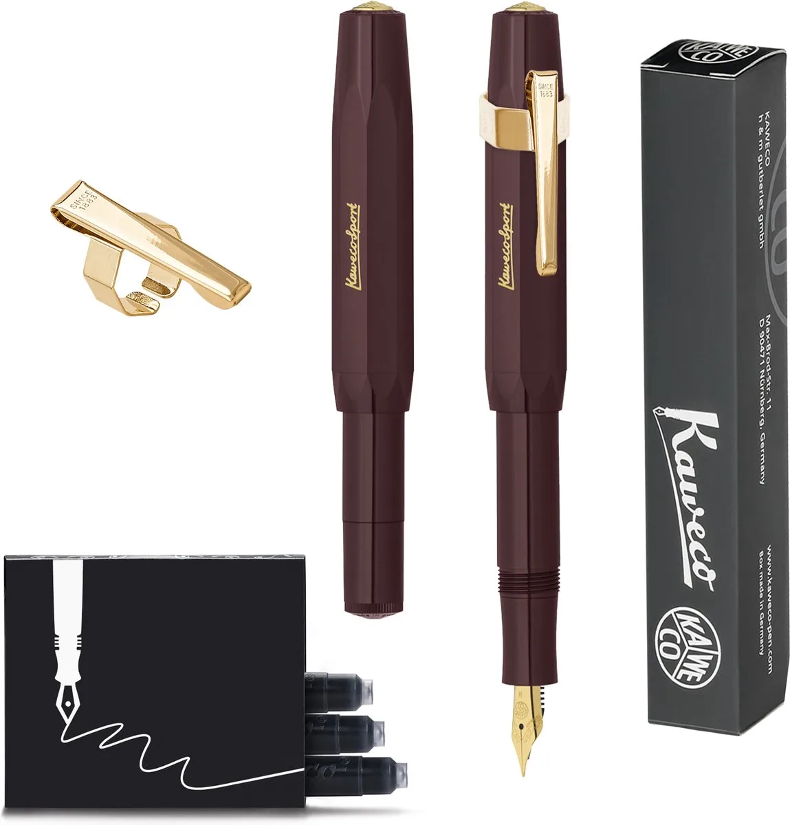 CLASSIC SPORT - VULPEN - Fountain Pen - Medium - Oktogonal Clip Vergoldet - Doosje Vullingen von Kaweco in Burgundy – Produktfoto