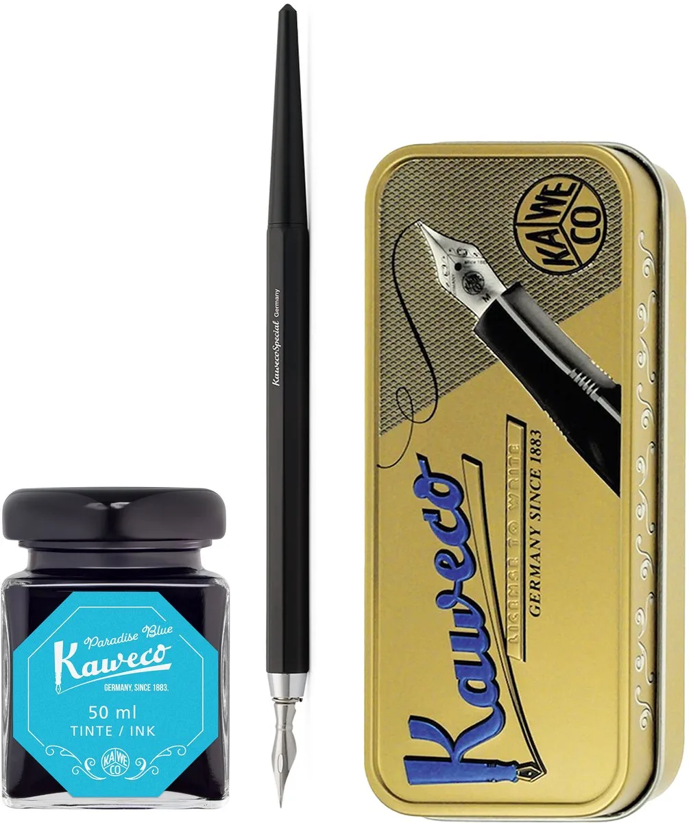 Fountain Pen - Special Dip Pen Black - in vintage blik - Potje inkt Paradise Blue 60cc van Kaweco in Zwart – productfoto