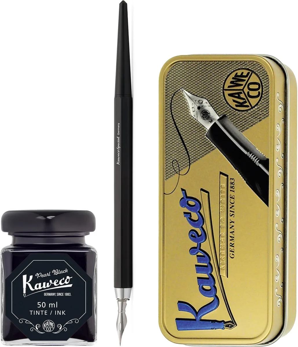 Fountain Pen - Special Dip Pen Black - in vintage blik - Potje inkt Pearl Black 60cc de Kaweco en Noir – photo produit