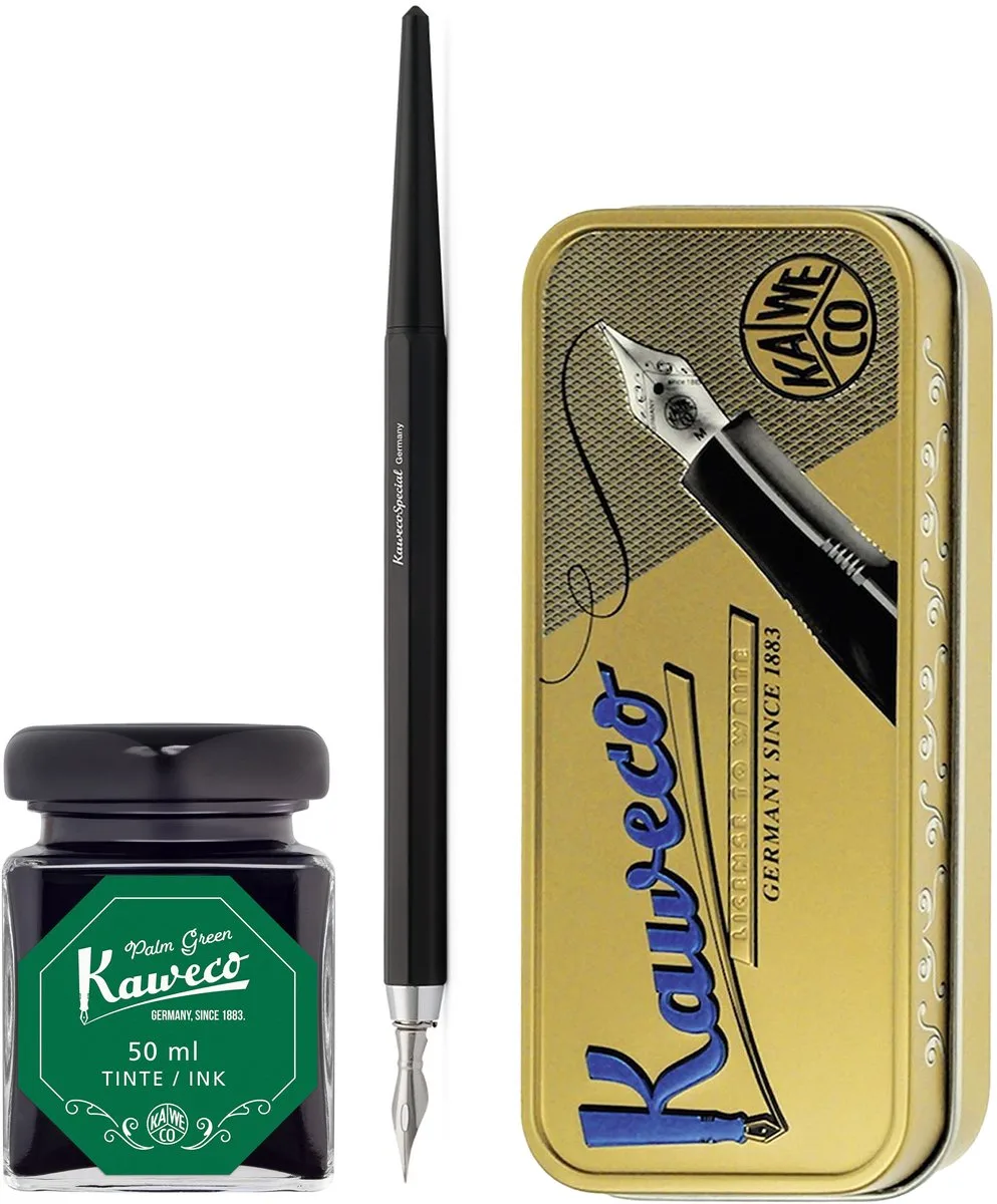 Fountain Pen - Special Dip Pen Black - in vintage blik - Potje inkt Palm Green 60cc de Kaweco en Noir – photo produit