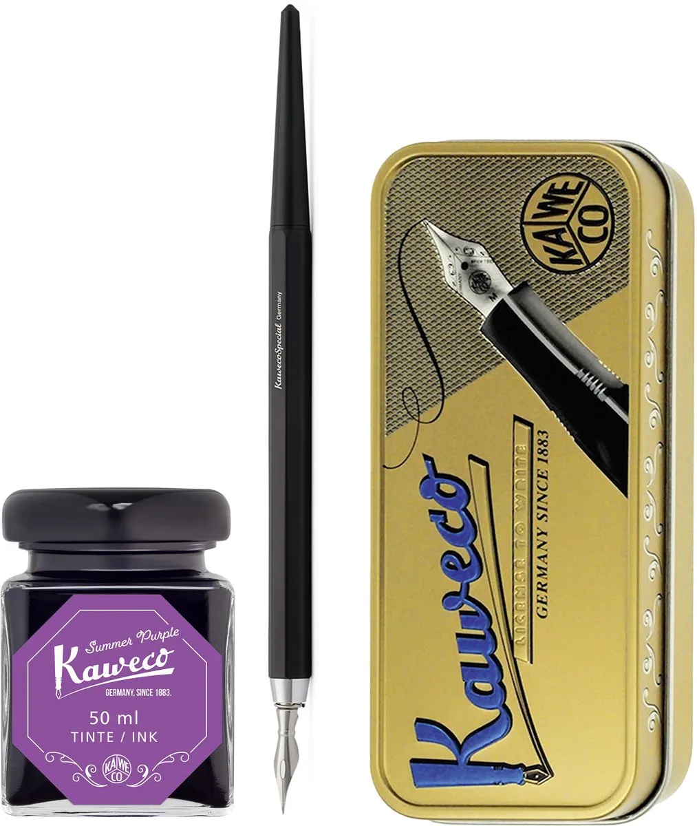 Fountain Pen - Special Dip Pen Black - in vintage blik - Potje inkt Summer Purple 60cc de Kaweco en Noir – photo produit