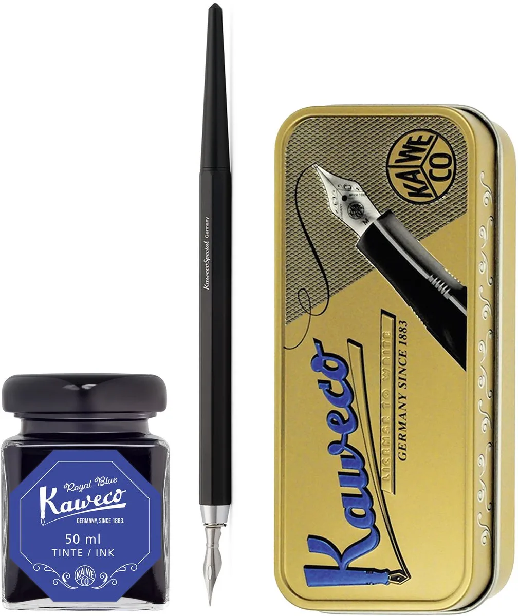 Fountain Pen - Special Dip Pen Black - in vintage blik - Potje inkt Royal Blue 60cc de Kaweco en Noir – photo produit