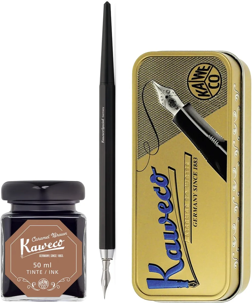 Fountain Pen - Special Dip Pen Black - in vintage blik - Potje inkt Caramel Brown 60cc de Kaweco en Noir – photo produit