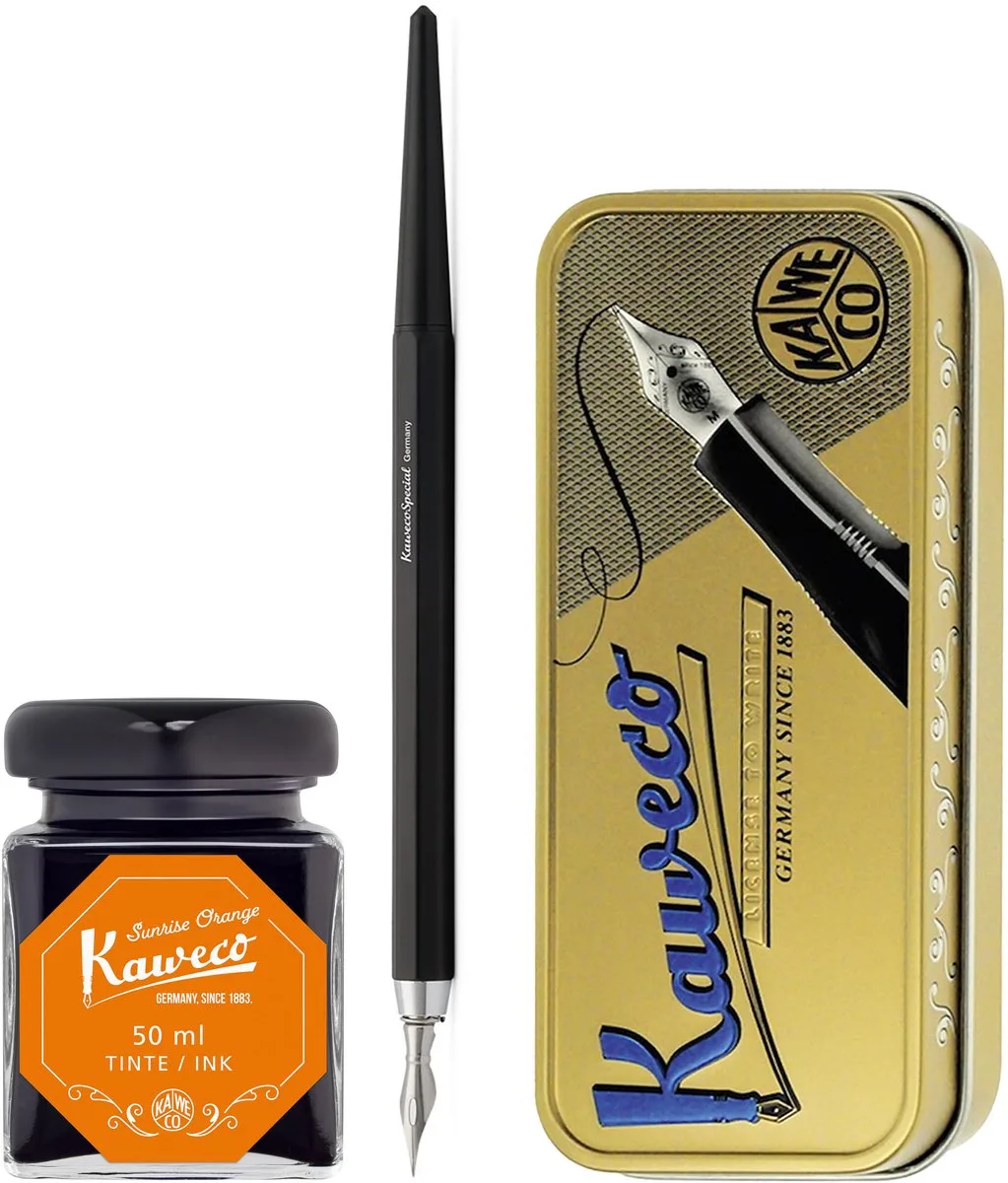 Fountain Pen - Special Dip Pen Black - in vintage blik - Potje inkt Sunrise Orange 60cc de Kaweco en Noir – photo produit