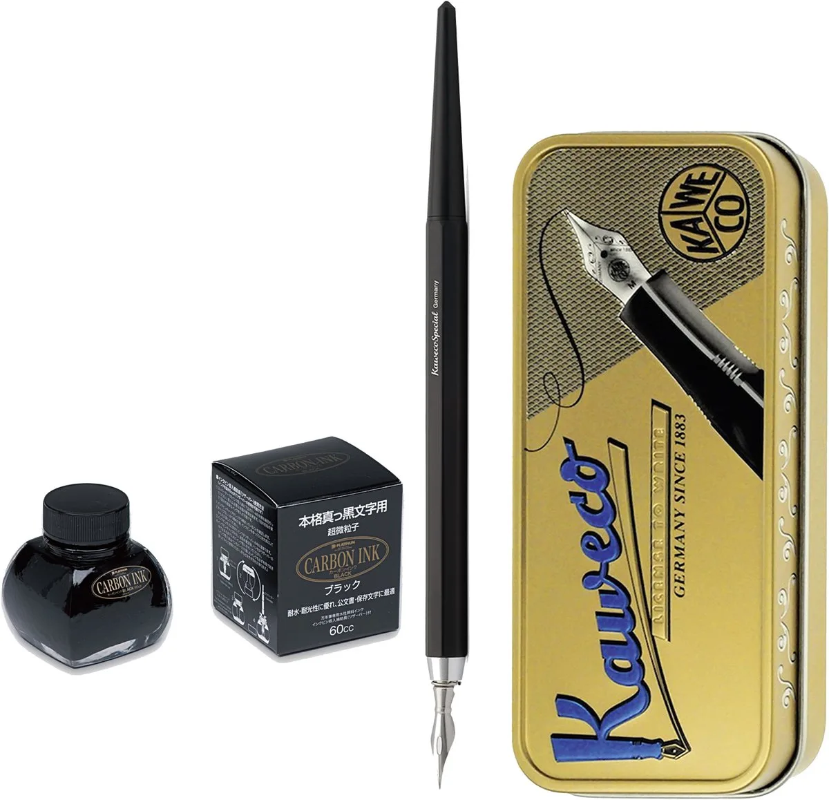 Fountain Pen - Special Dip Pen Black - in vintage blik - Potje Platinum Carbon inkt 60cc de Kaweco en Noir – photo produit