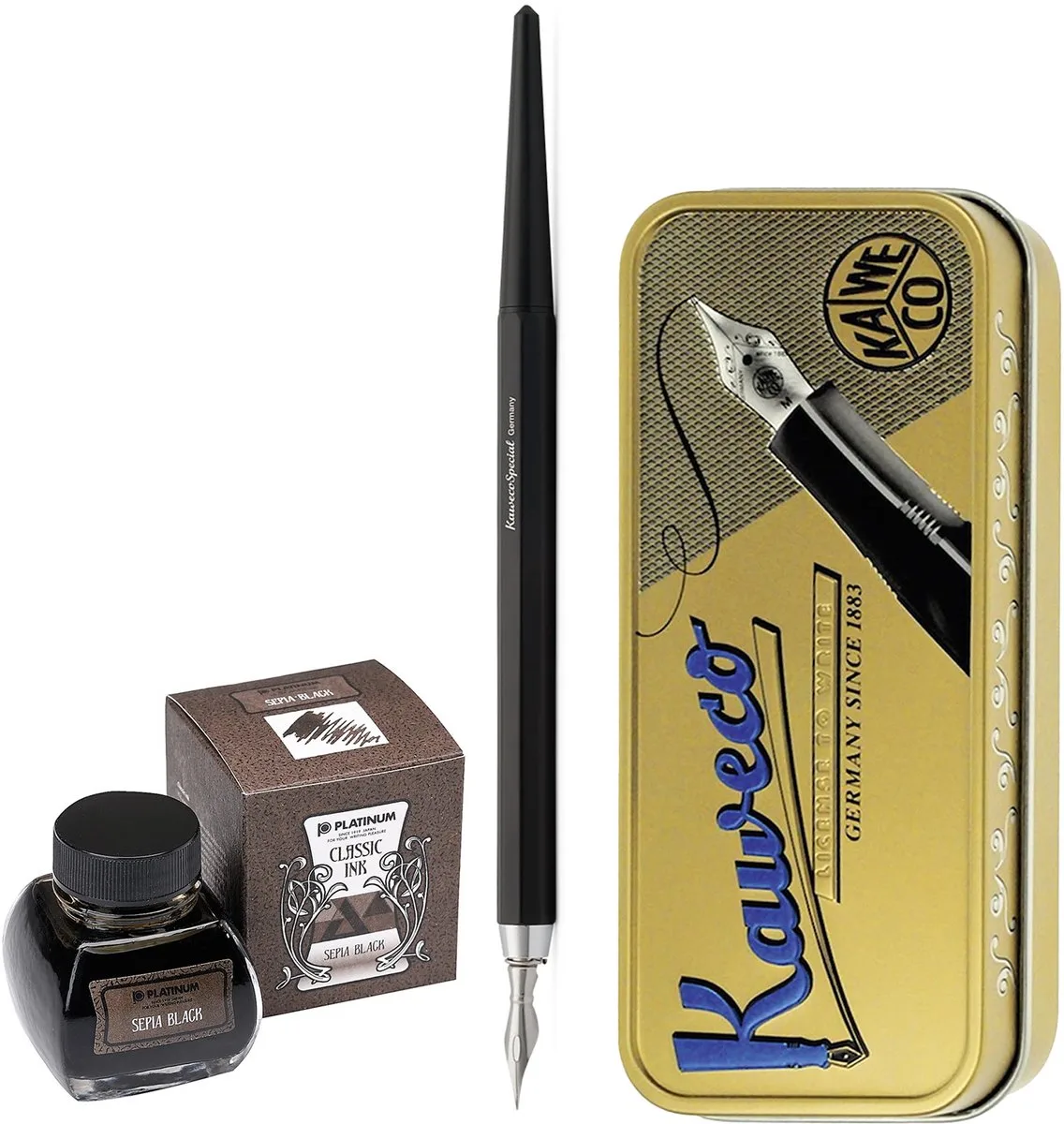 Fountain Pen - Special Dip Pen Black - in vintage blik - Potje Platinum Dyestuff 'Classic Ink' 60cc Sepia Black de Kaweco en Noir – photo produit