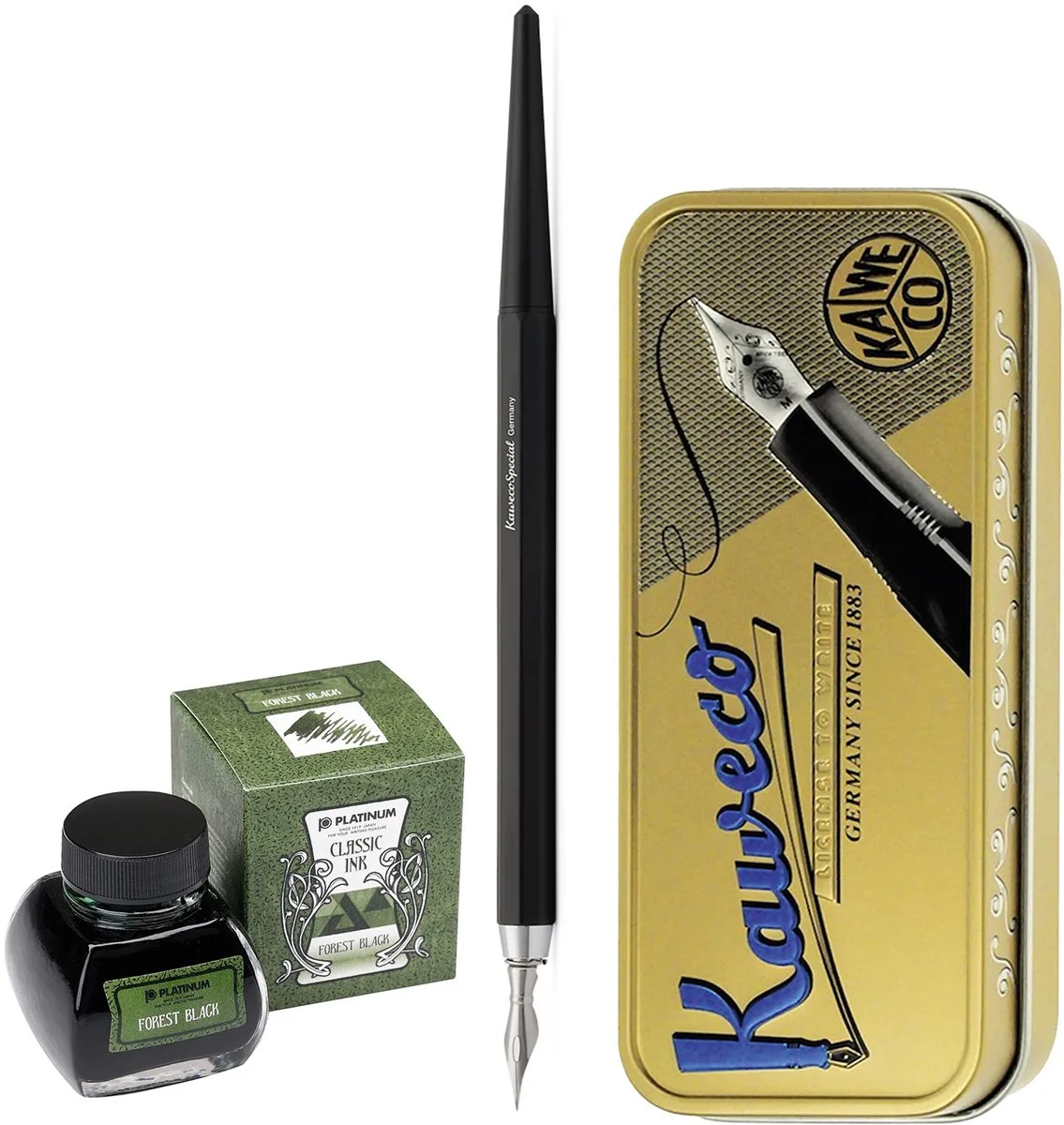 Fountain Pen - Special Dip Pen Black - in vintage blik - Potje Platinum Dyestuff 'Classic Ink' 60cc Forest Black de Kaweco en Noir – photo produit