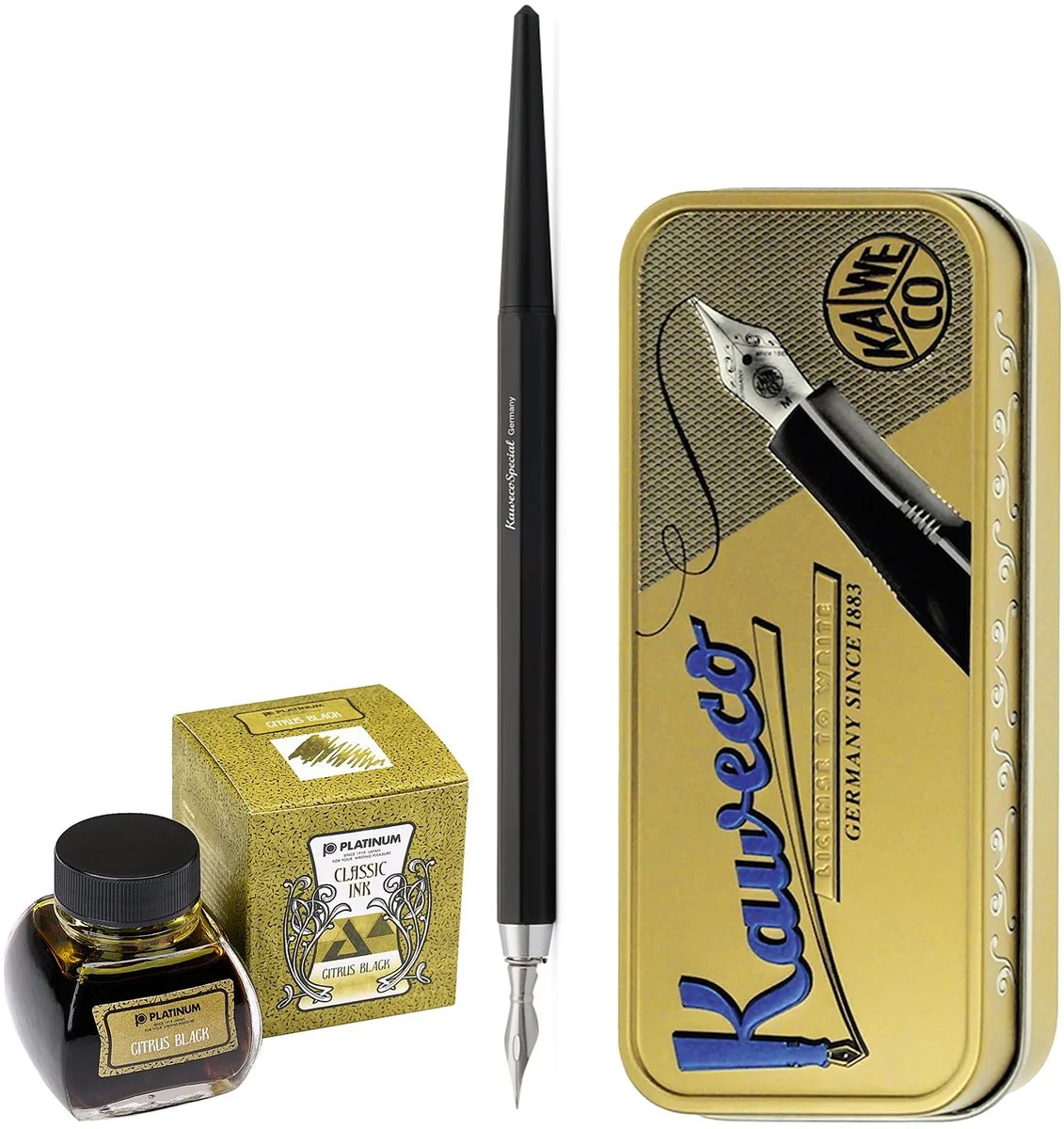 Fountain Pen - Special Dip Pen Black - in vintage blik - Potje Platinum Dyestuff 'Classic Ink' 60cc Citrus Black de Kaweco en Noir – photo produit