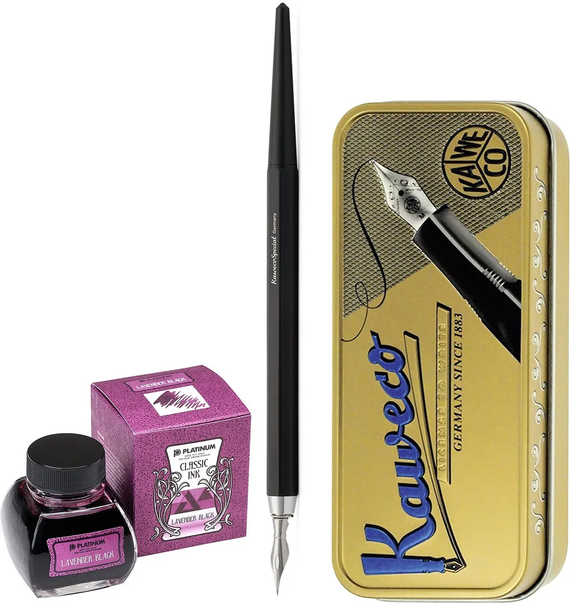Fountain Pen - Special Dip Pen Black - in vintage blik - Potje Platinum Dyestuff 'Classic Ink' 60cc Lavender Black de Kaweco en Noir – photo produit