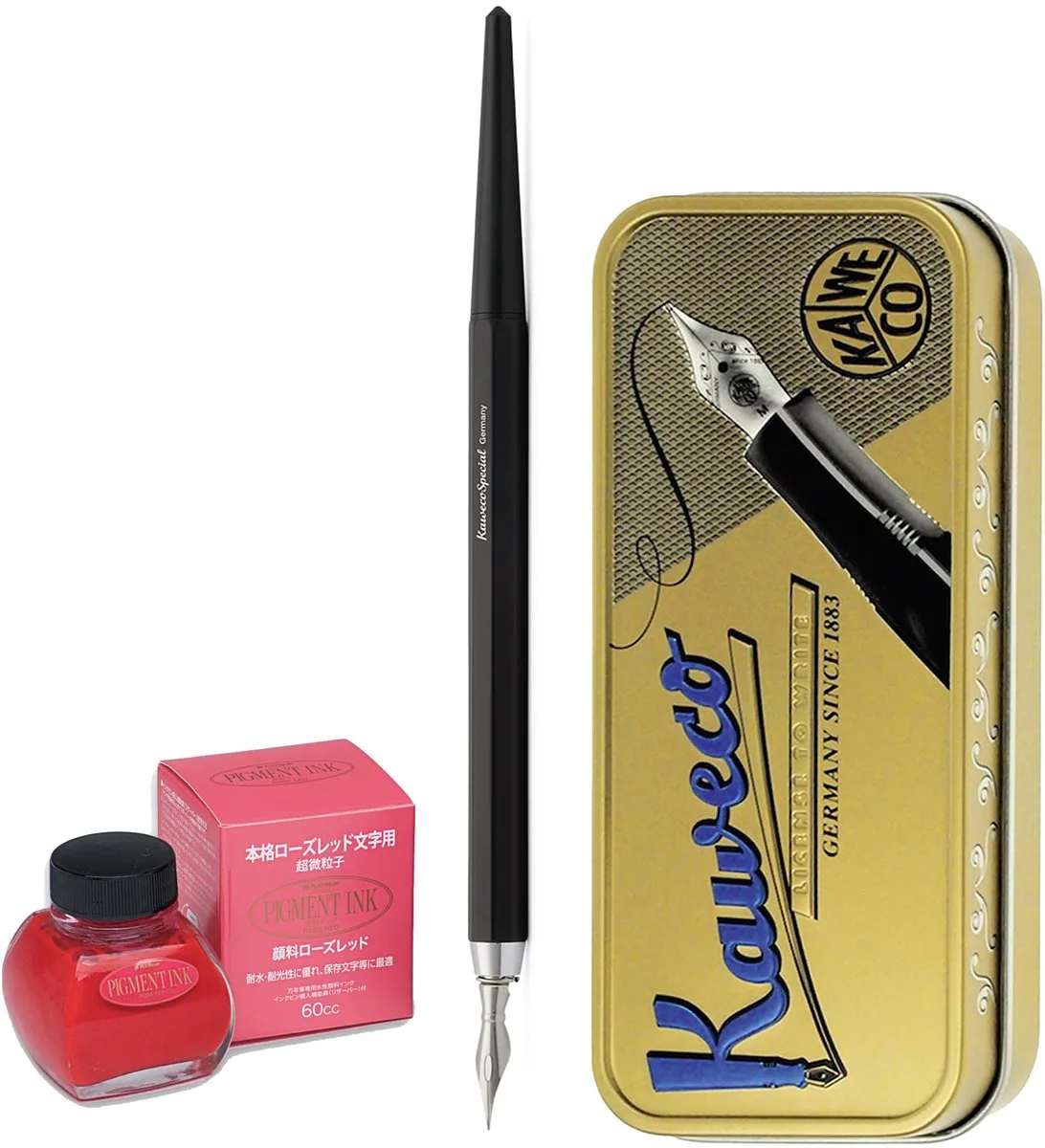 Fountain Pen - Special Dip Pen Black - in vintage blik - Potje Platinum Pigment ink 60cc Rose Red de Kaweco en Noir – photo produit