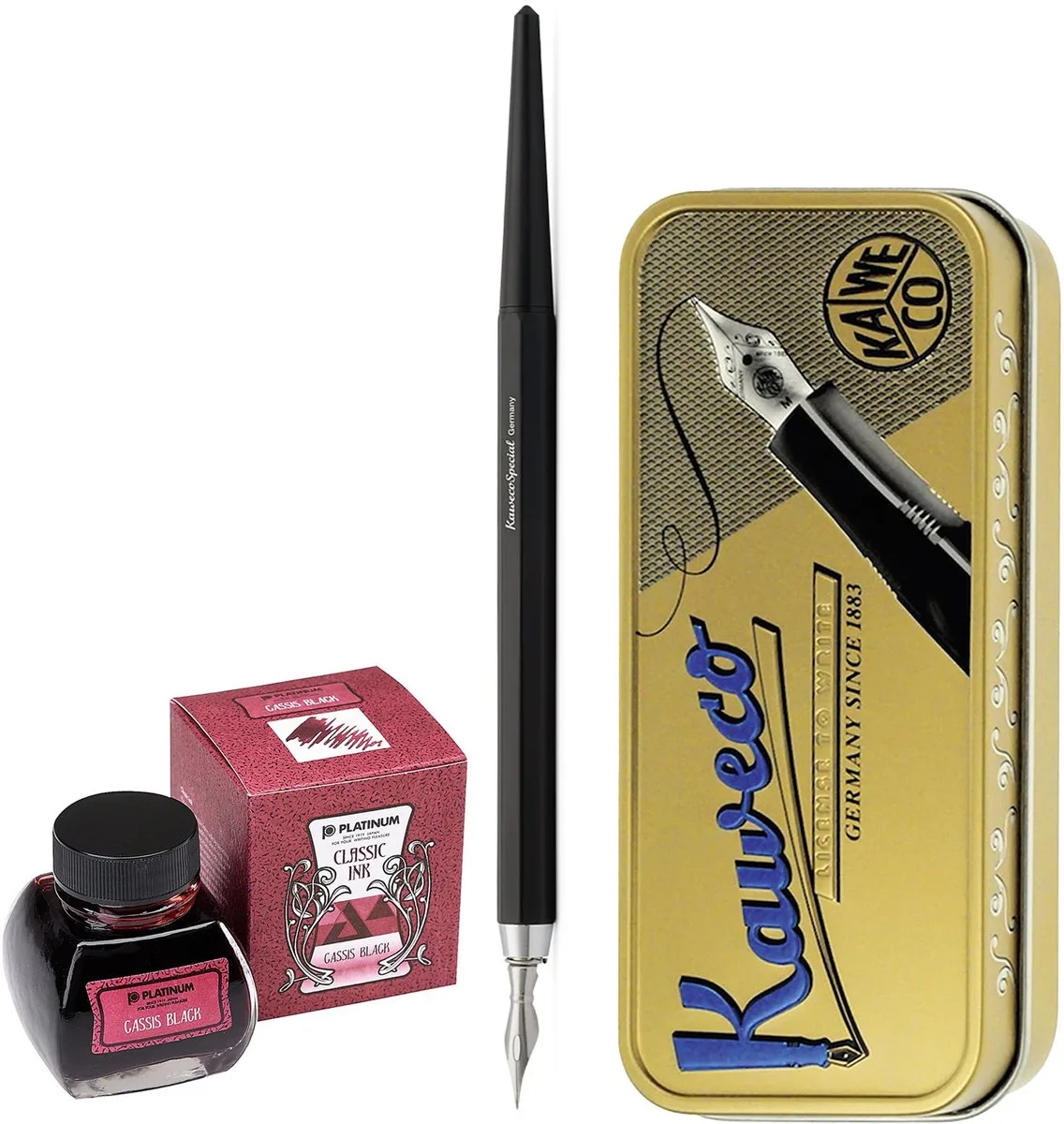 Fountain Pen - Special Dip Pen Black - in vintage blik - Potje Platinum Dyestuff 'Classic Ink' 60cc Cassis Black de Kaweco en Noir – photo produit