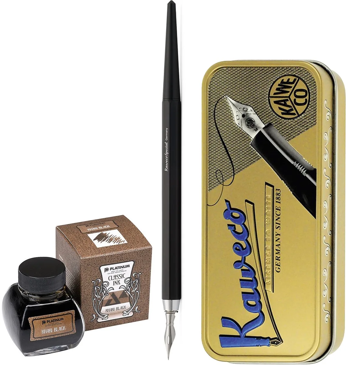 Fountain Pen - Special Dip Pen Black - in vintage blik - Potje Platinum Dyestuff 'Classic Ink' 60cc Khaki Black de Kaweco en Noir – photo produit