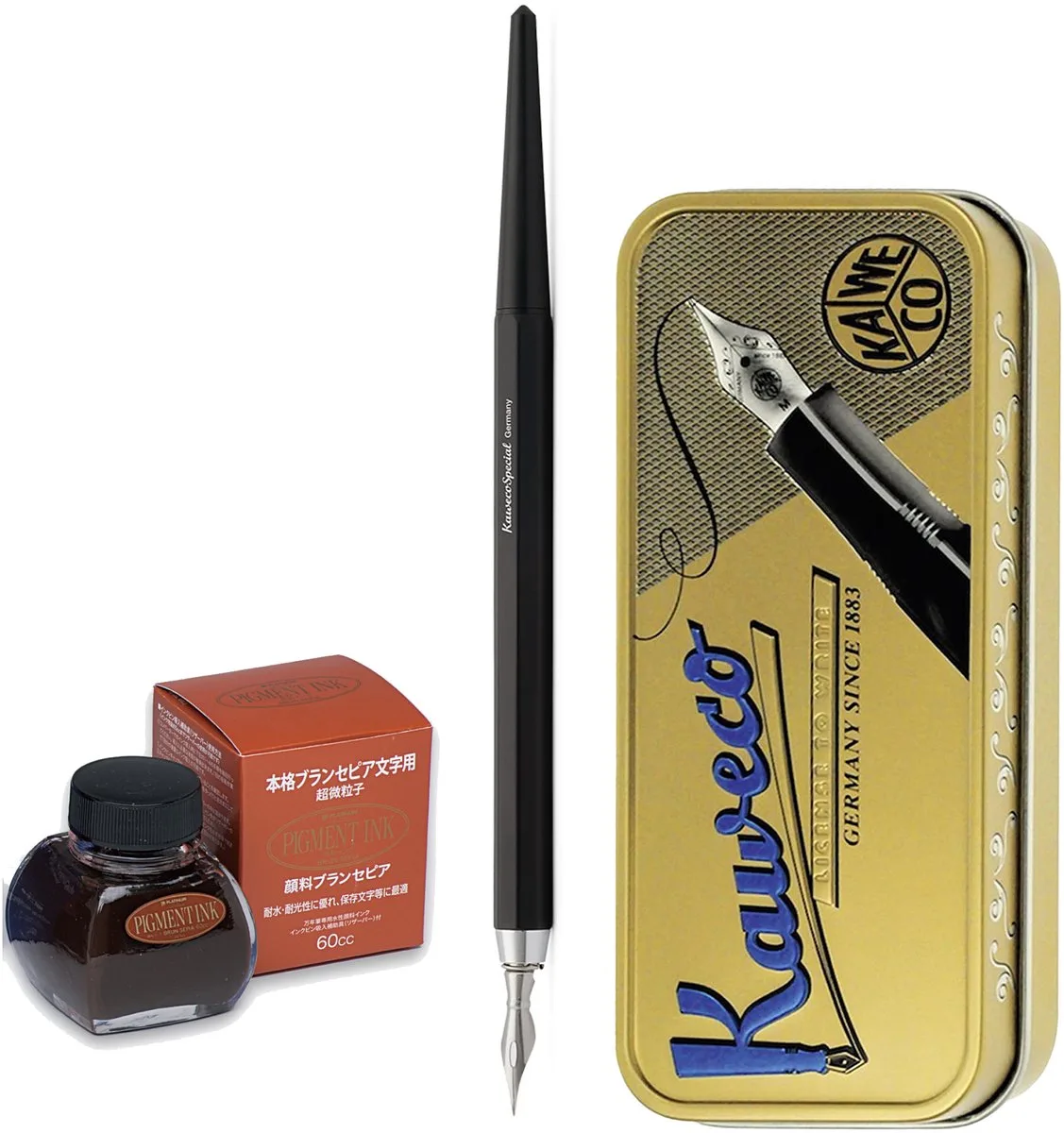 Fountain Pen - Special Dip Pen Black - in vintage blik - Potje Platinum Pigment ink 60cc Bruin Sepia de Kaweco en Noir – photo produit